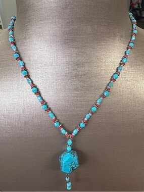 Turquoise Bead Pendant Necklace - Blue and Red Accent